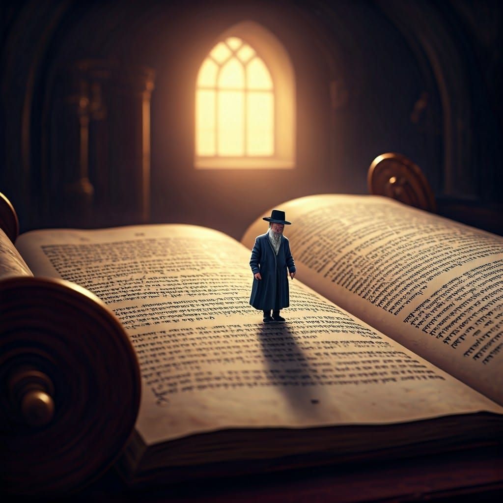 Hasidic Man Contemplates Ancient Torah Scroll in Whimsical,....