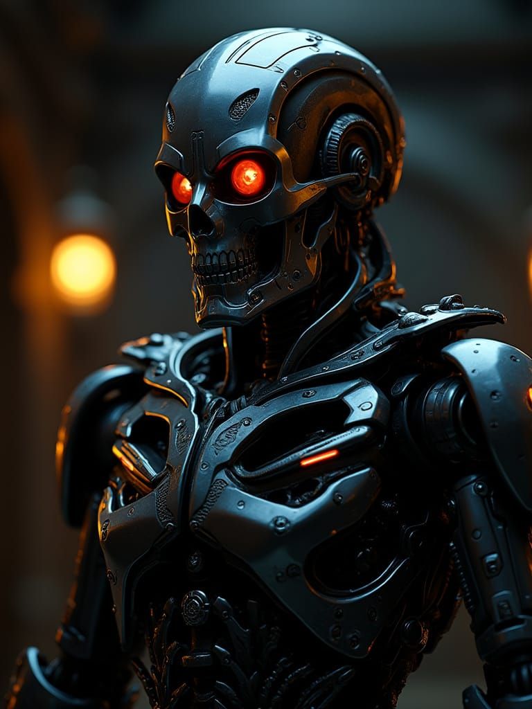 A highly detailed, close-up view of a futuristic robot. The robot is positioned in the center of the image, its body and head filling most o...