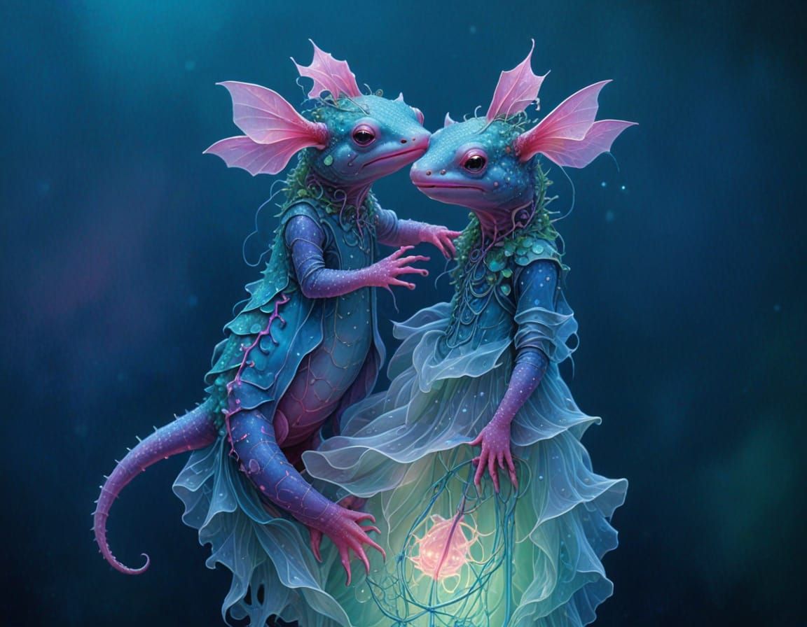 Amazing biometric imaginer, beautiful pair of iridescent axolotls, spider web dress, bioluminescent threads ...  by @Hugo Raul