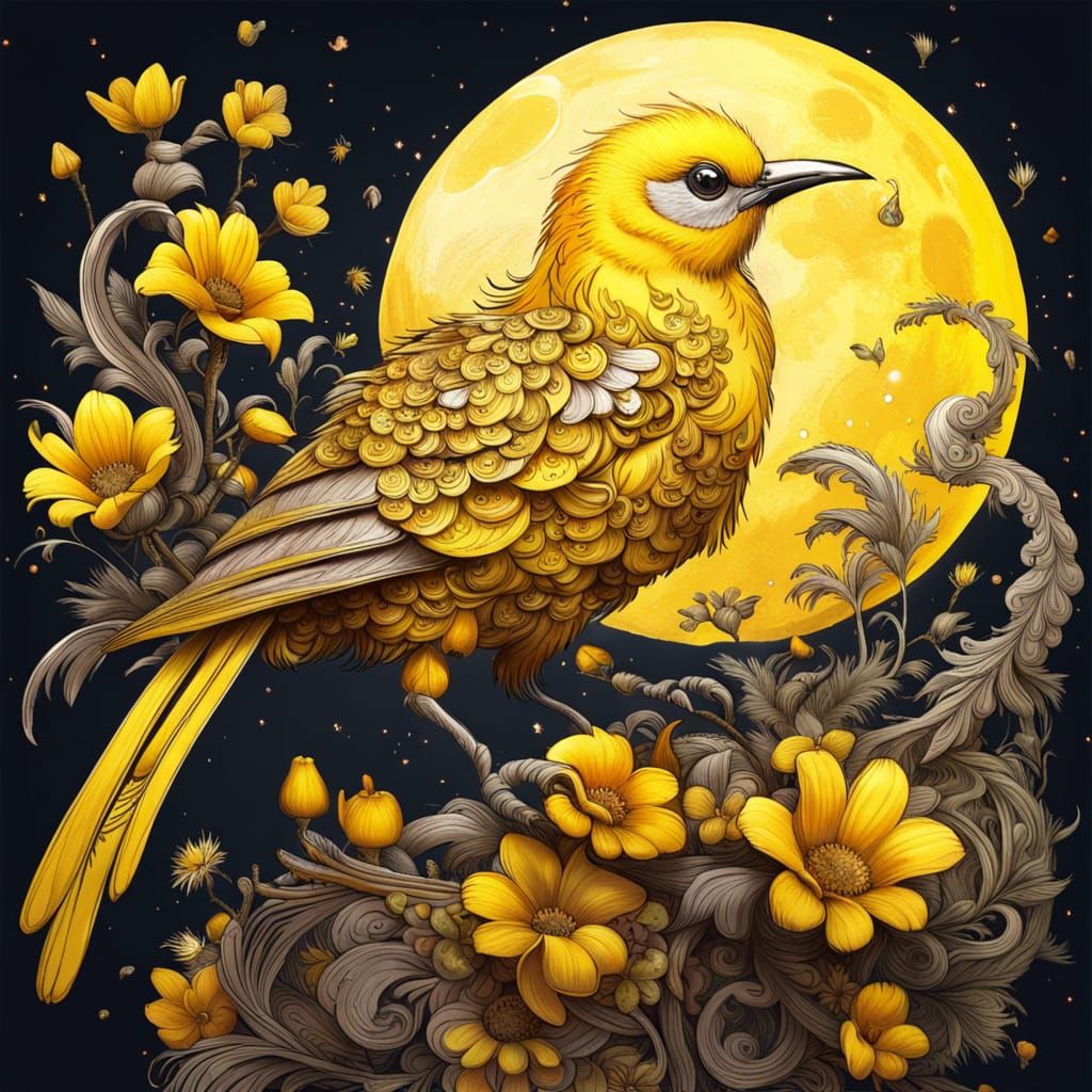 Amazing epic yellow bird with long flowing tail on crescent of flowers, fun moon background, insanely ...  by @KrystofM75