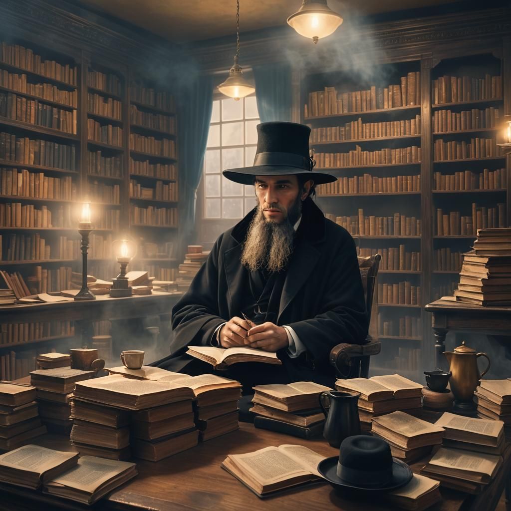 Haredi Man Studying in Cozy, Book-Filled Room