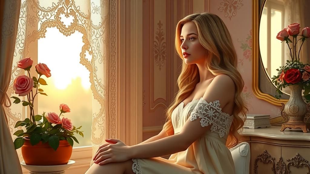 A serene young woman with porcelain skin and rosy cheeks, ad...