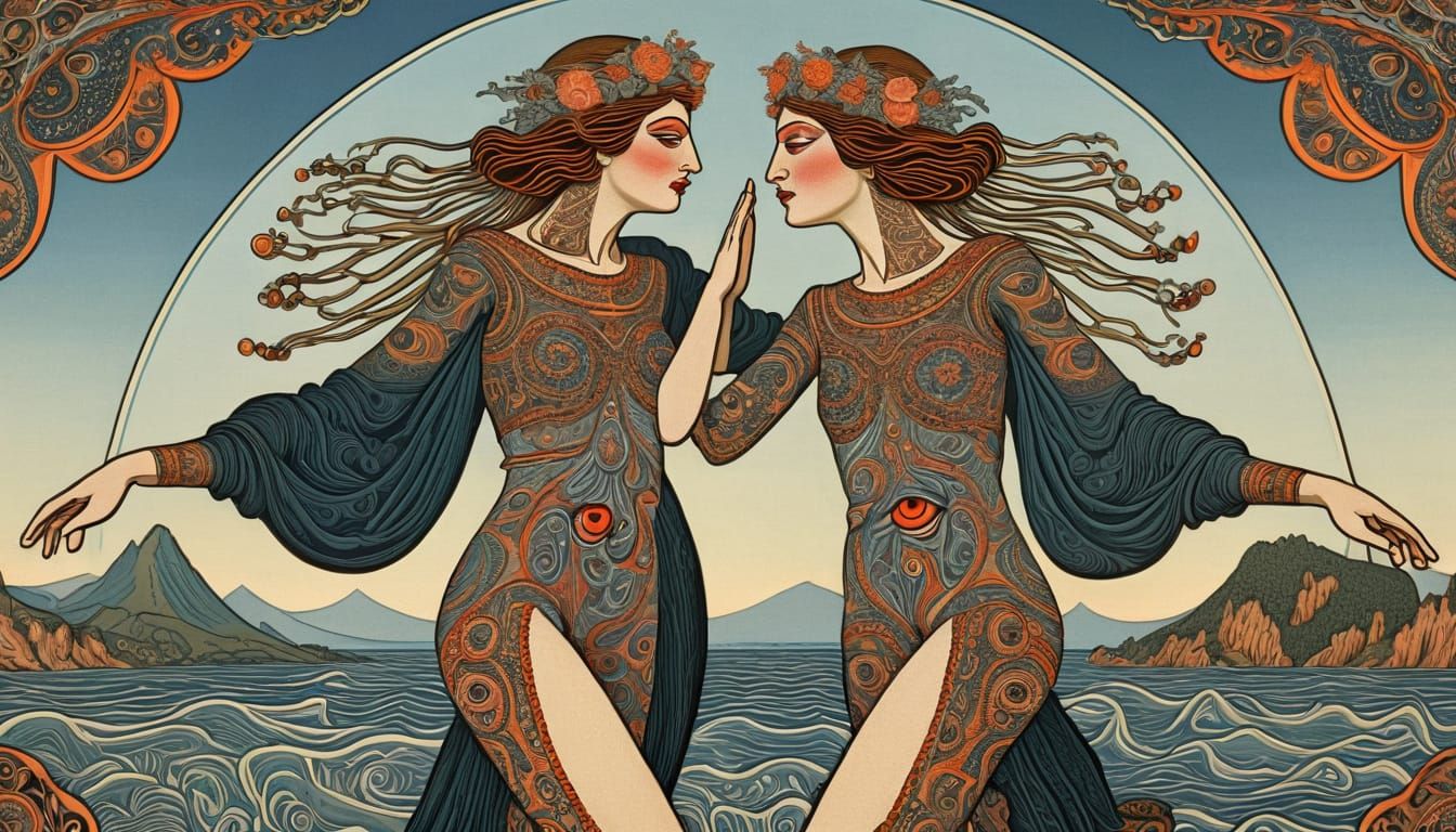 suave tenebrous teratoid androgynes dancing with each other with ironic expressions, style of Ivan Bilibin , detailed nose, fractal eyes, op...