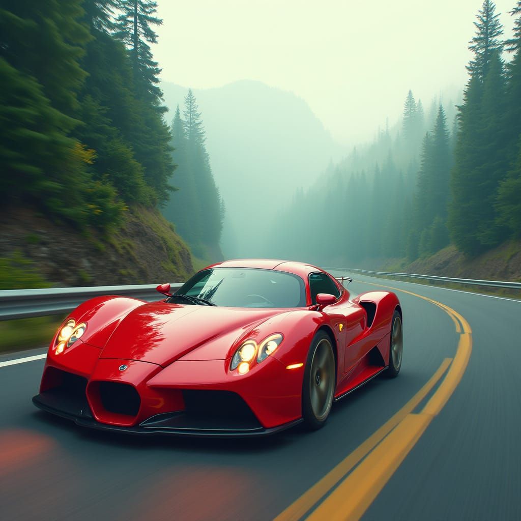 Red Sports Car on Mountain Road in Futuristic Style