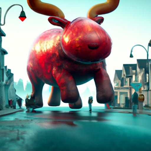 a giant ballon red animal crossing the street