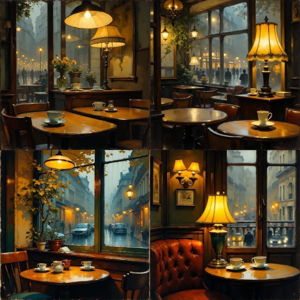 Rainy Parisian Cafe Interior with Warm Atmosphere