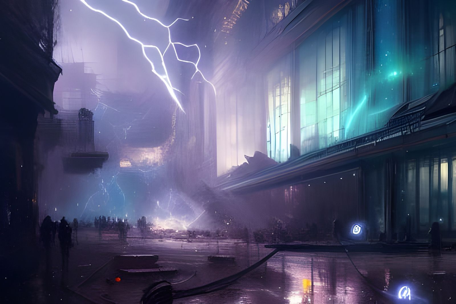 Electric storm in Galactic nebula marketplace atrium full of...