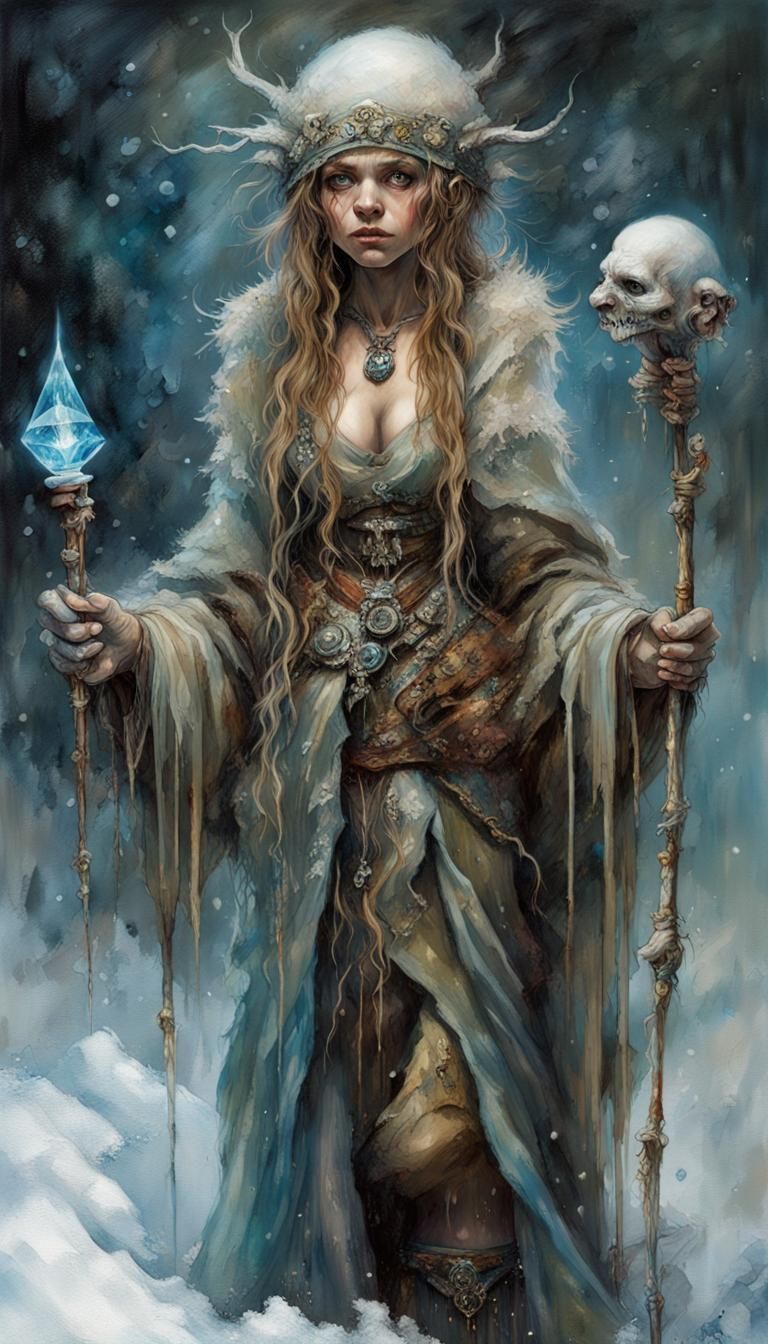 Sorceress with crystal staff, silk glove, and magical crystal robes ...