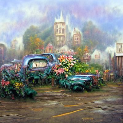 Car with overgrown flowers