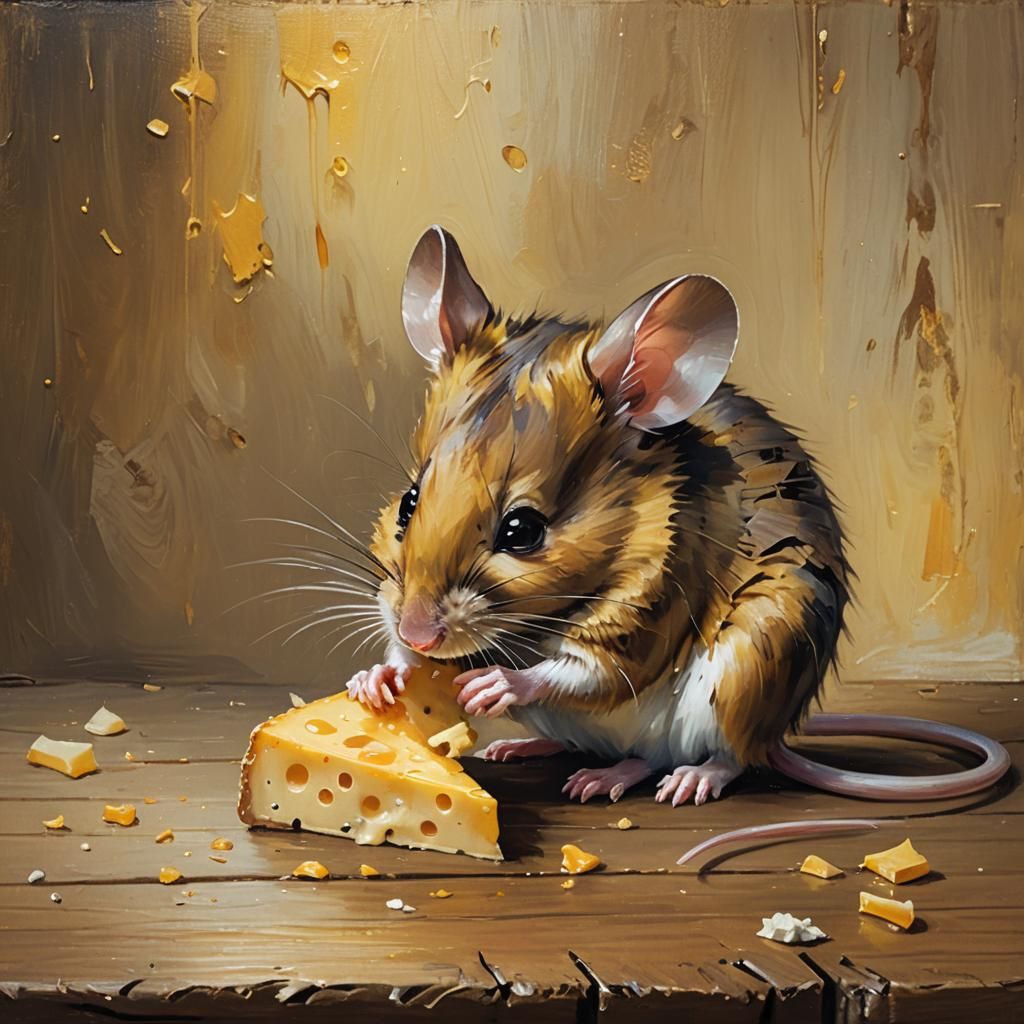 Mouse Eats Cheese: Whimsical Fantasy Oil Painting