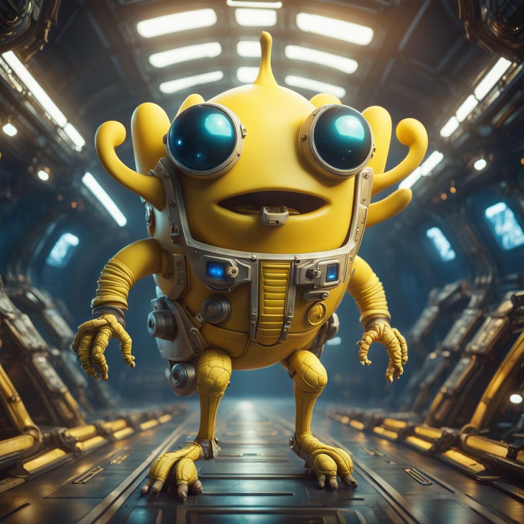 banana with arms and legs who drive a spaceship