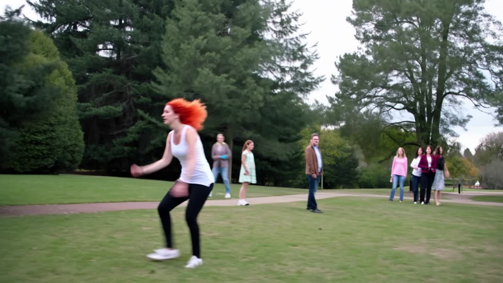 A ginger haired woman running around in circles in a park while concerned onlookers ask what's she's doing