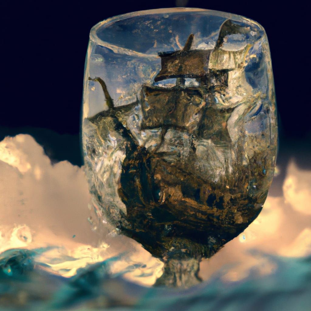 a galleon caught in a storm inside a glass of water in the s...