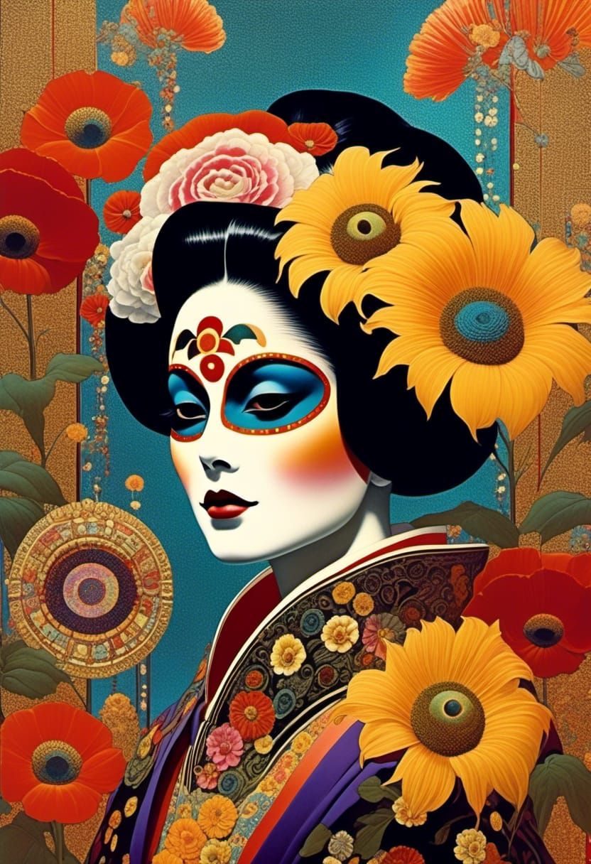 Autochrome, Shogun, Geisha, Japanese characters, Dia de los Muertos