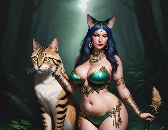 A fantasy illustration of a	Feminine	plus-sized	Bastet	Barbarian	 wearing conservative clothing,	 near ...  by @Lots-of-games-to-play