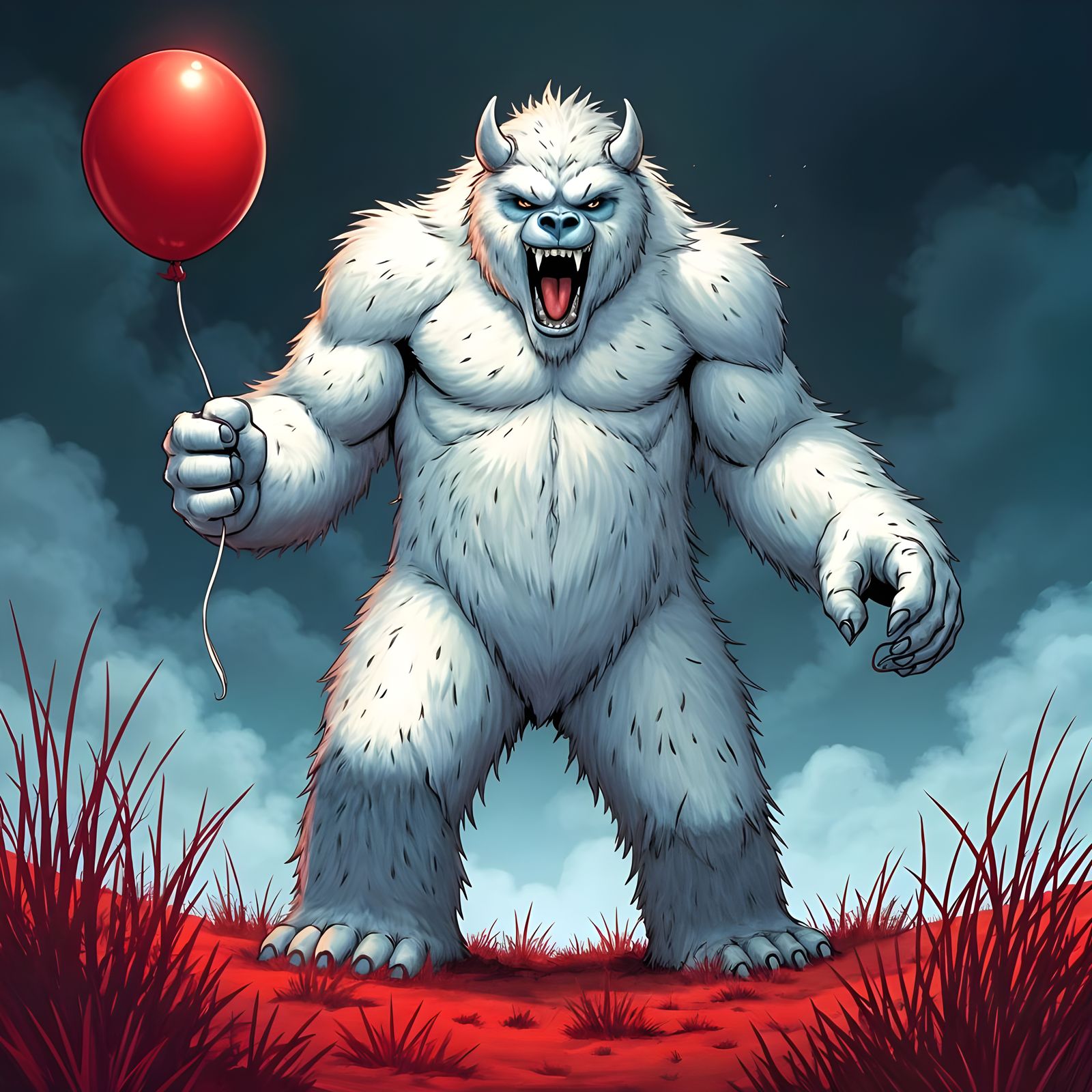 Snow Yeti with Red Balloon Comic Book Illustration