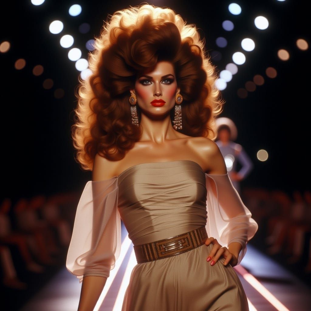 <lora:Flux 80s Supermodel:1.0> female model with a voluminous auburn hairstyle, 1980’s avant garde haute couture dress, 1980s model style,...