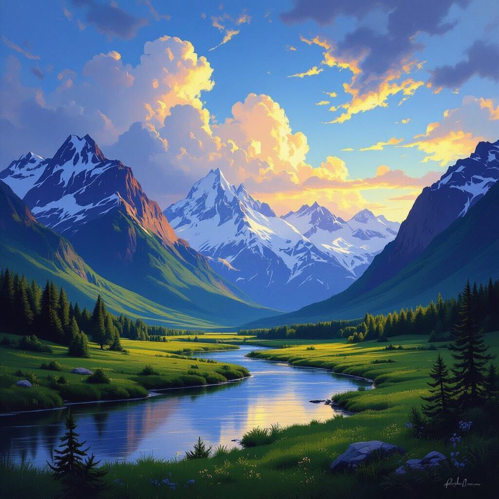 Golden Hour Valley Landscape Painting