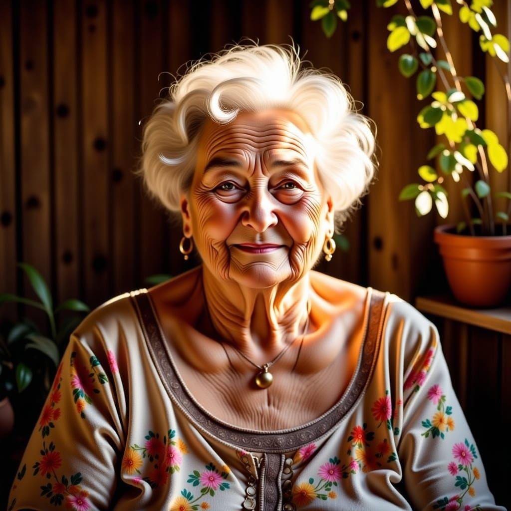 <lora:Cozy Intensity:1.0> Portrait of a smiling chubby grandmother, sweet, golden light, floral, leaves around, textured skin, rustic wooden...