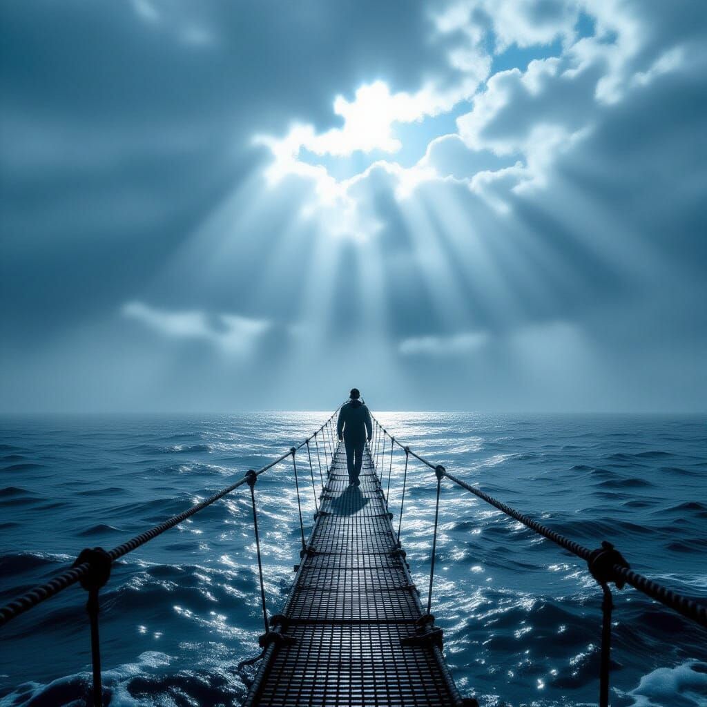 Man Walks Tightrope Over Vast Sea in Stormy Sky