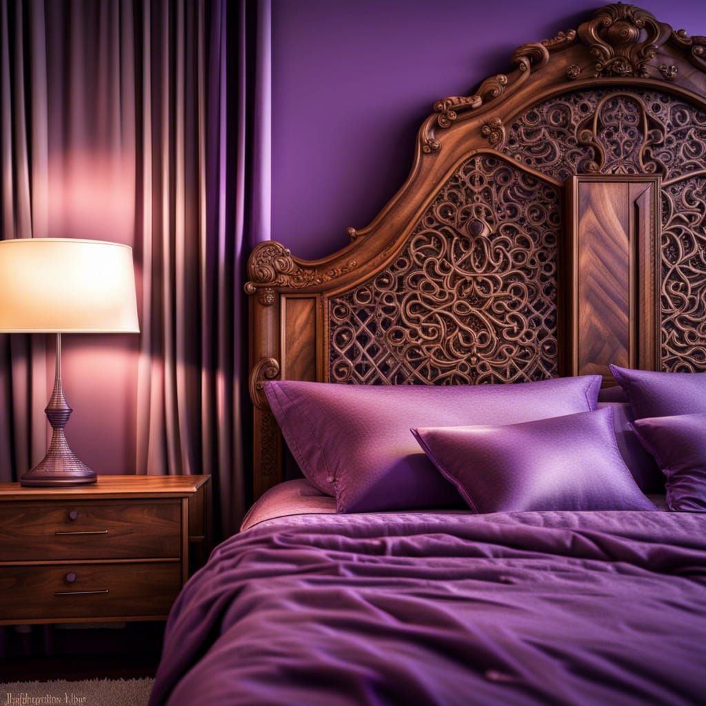 The bedroom, a modern natural wood headboard, with one lamp, purple