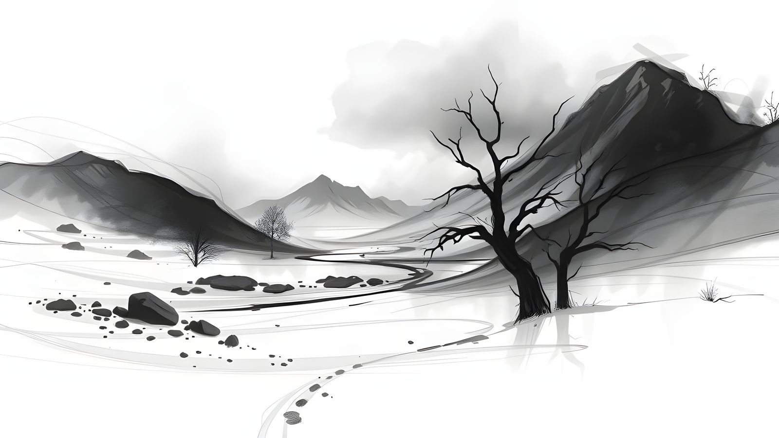 A beautiful scarce landscape sketch done in charcoal and ink  by @Brooky
