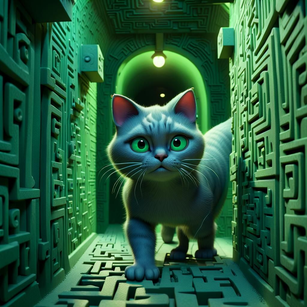 . He follows the jadeeyed cat through a maze of narrow passages and