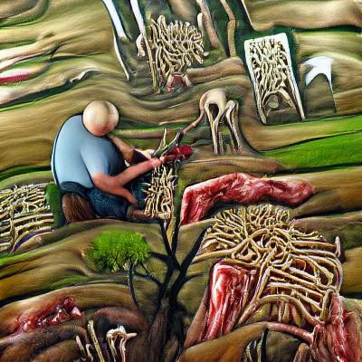 Farmer tending to his field of flesh growths and bone crops