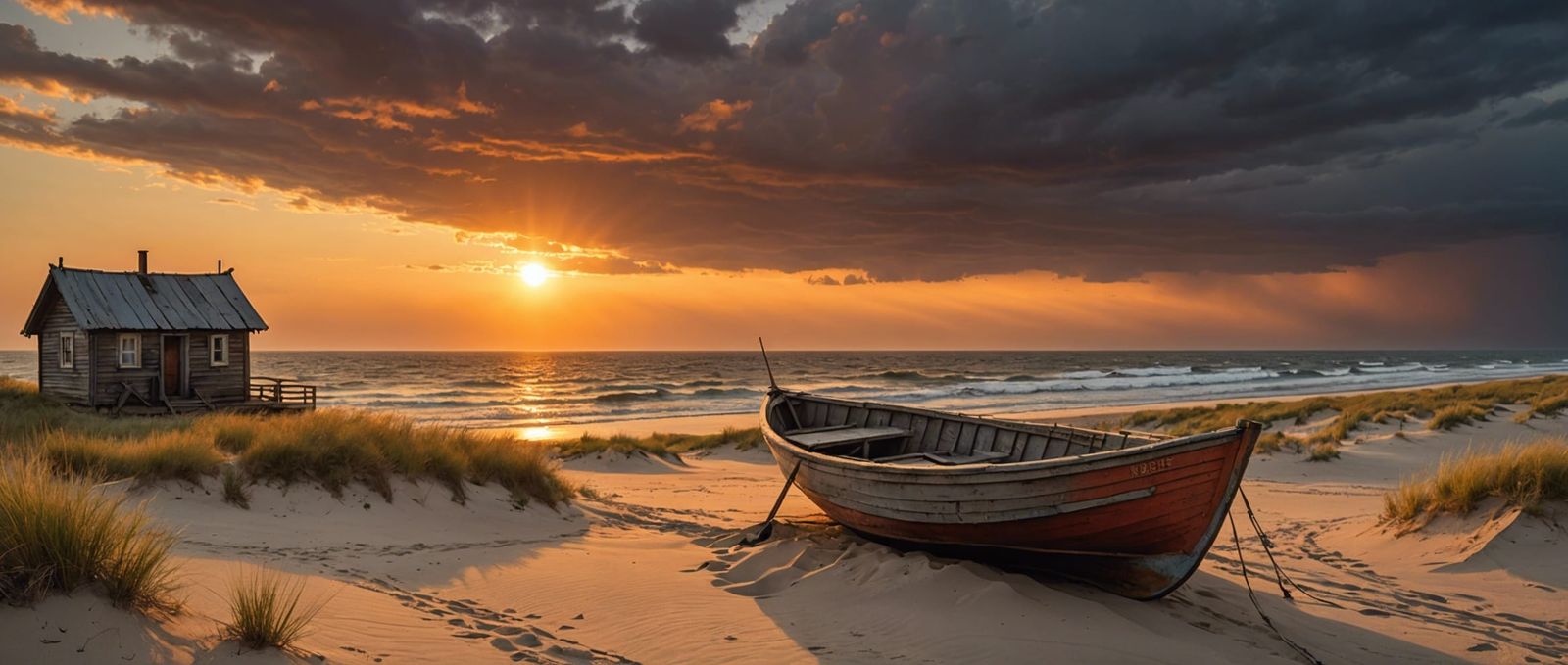 Soviet Realism, on a dune an old dory boat converted into a little house, faces the sunset, a fierce ...  by @Urna Semper
