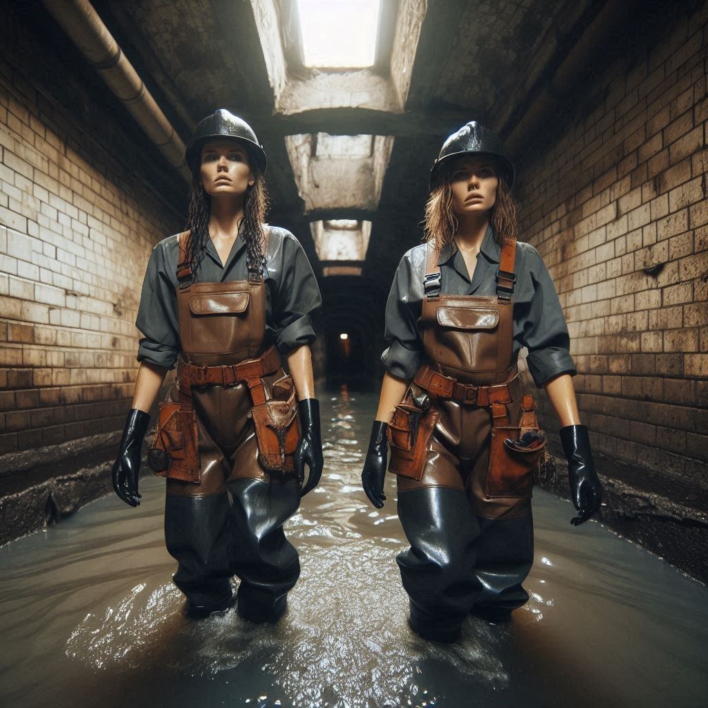 Two female sewer workers wade through knee-deep water in a w...