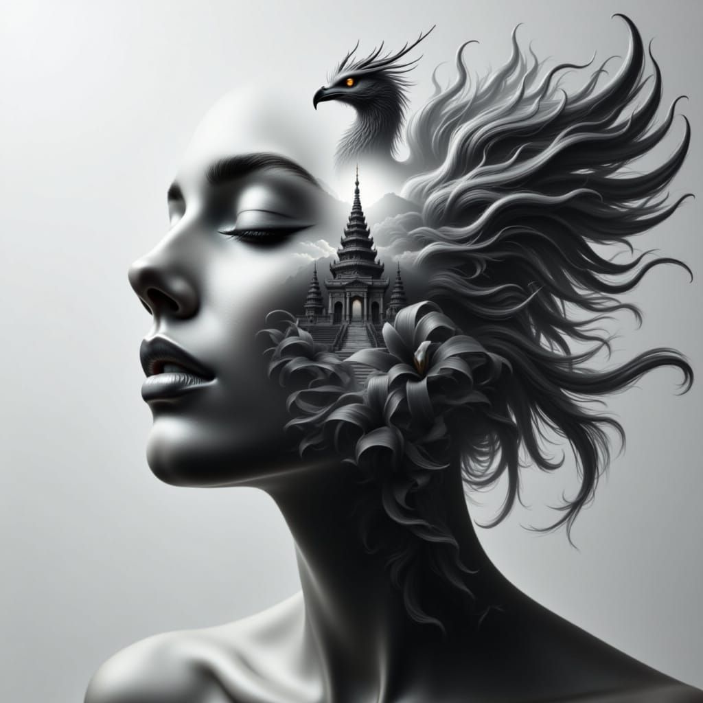 <lora:Triple Layer Effect:1.0> a triple layer portrait of a temple, a phoenix, black lilies, each image overlapping the other, stunning deta...