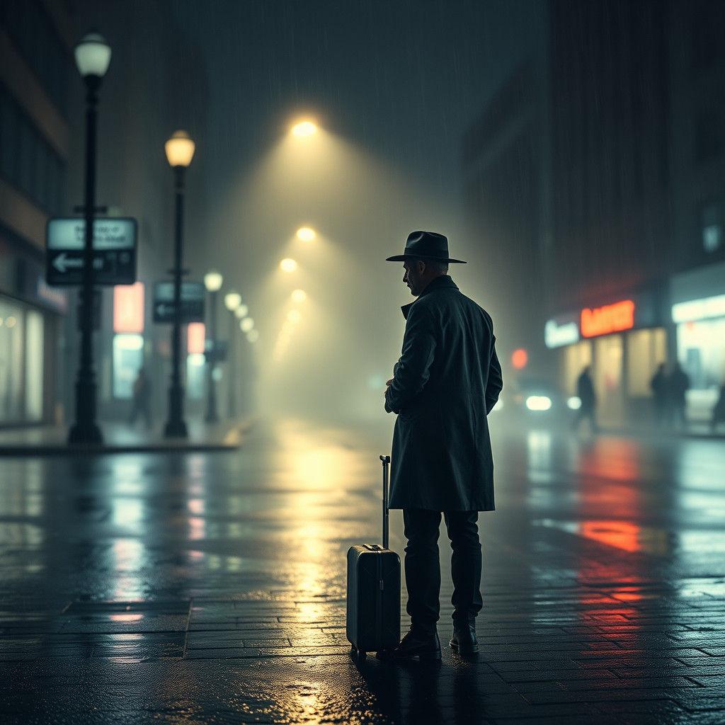 Melancholy Man Waiting in Rainy Street: Cinematic Style