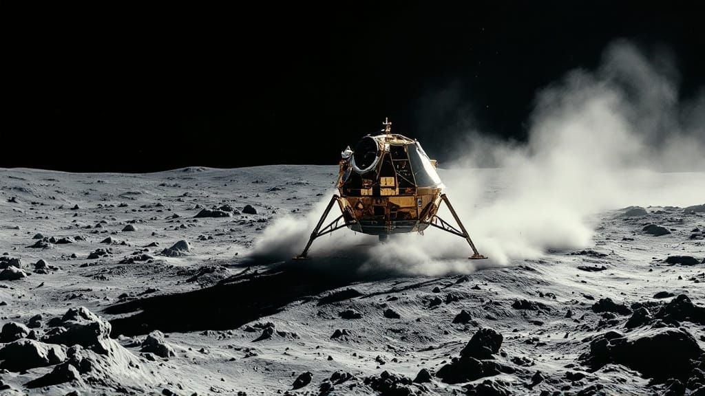"Realistic cinematic reenactment of the Apollo 11 Lunar Module (Eagle