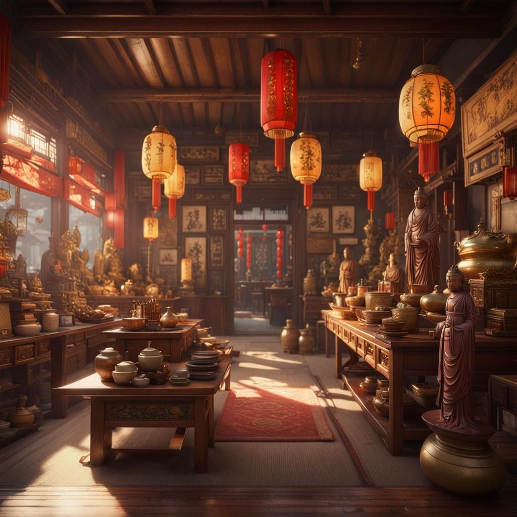 Vintage Chinese Shop Interior with Asian Treasures