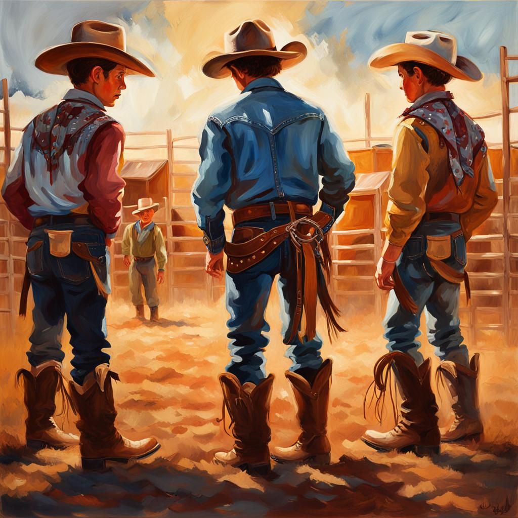 three small cowboys - rear view of two who are holding up th...