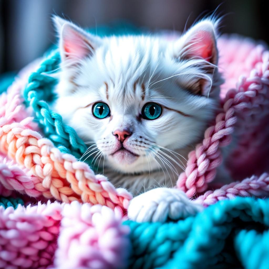 Cute White Kitten Snuggled in Pastel Blanket