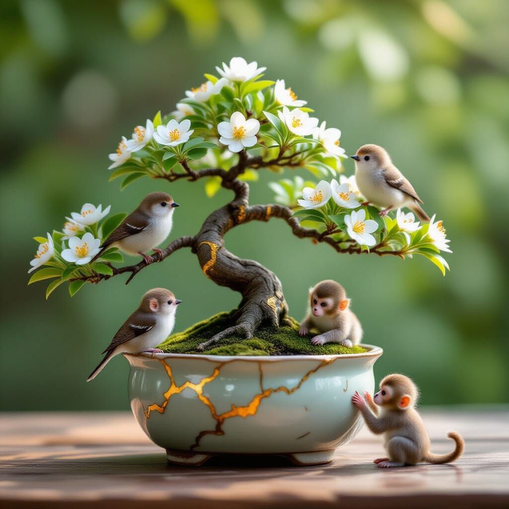 Blooming Bonsai with Birds and Monkeys in Kintsugi Pot