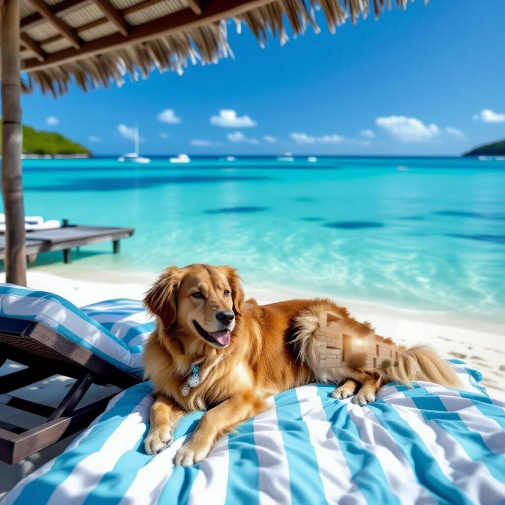 Lion Lounging on Sofa at Beach with Turquoise Water