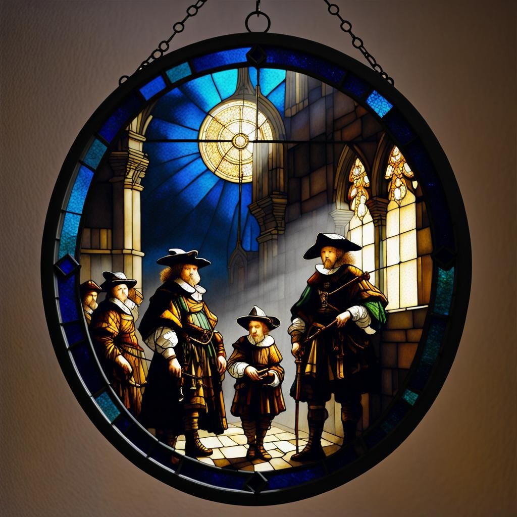 stained glass inspired night watch by Rembrandt