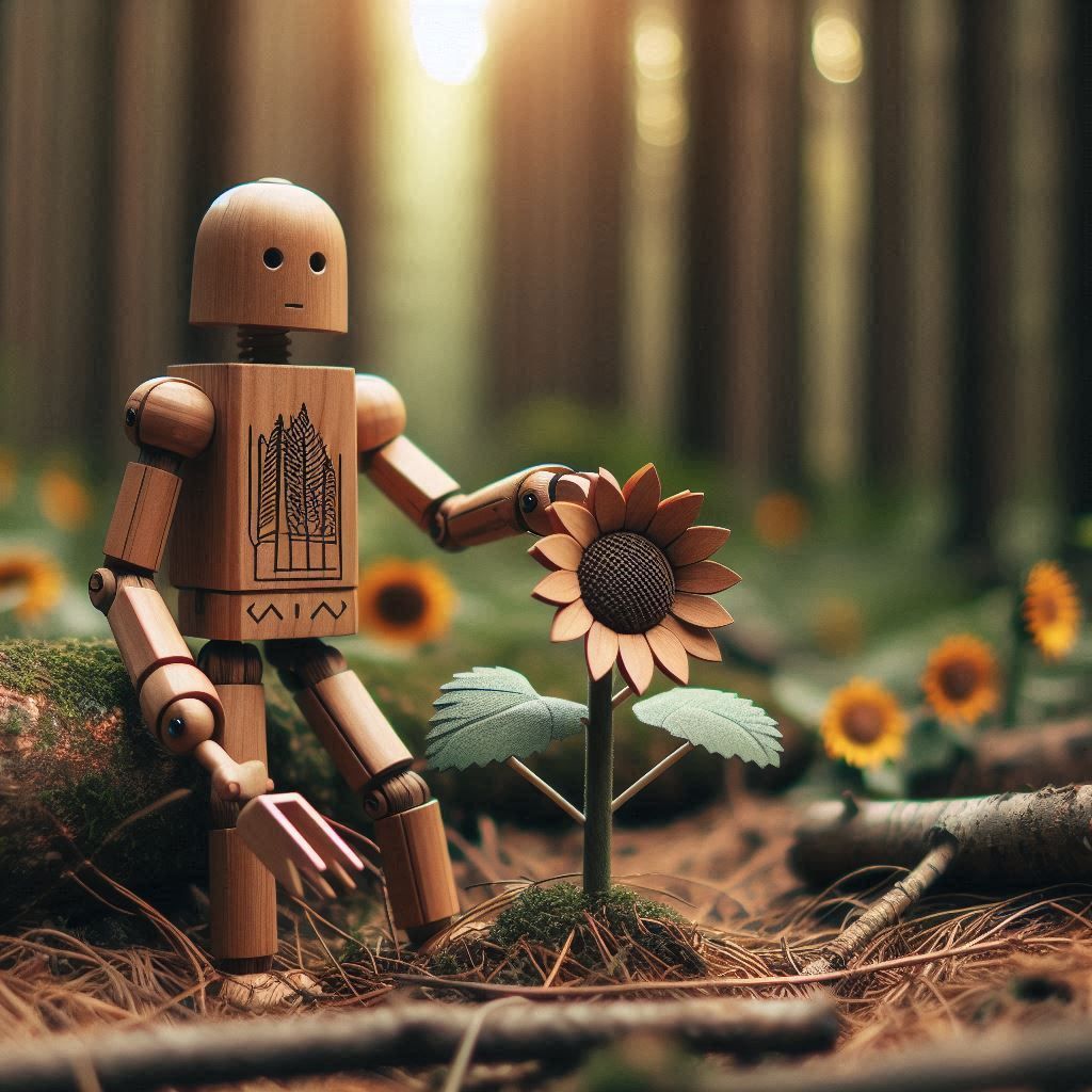 Wooden robot with a sunflower