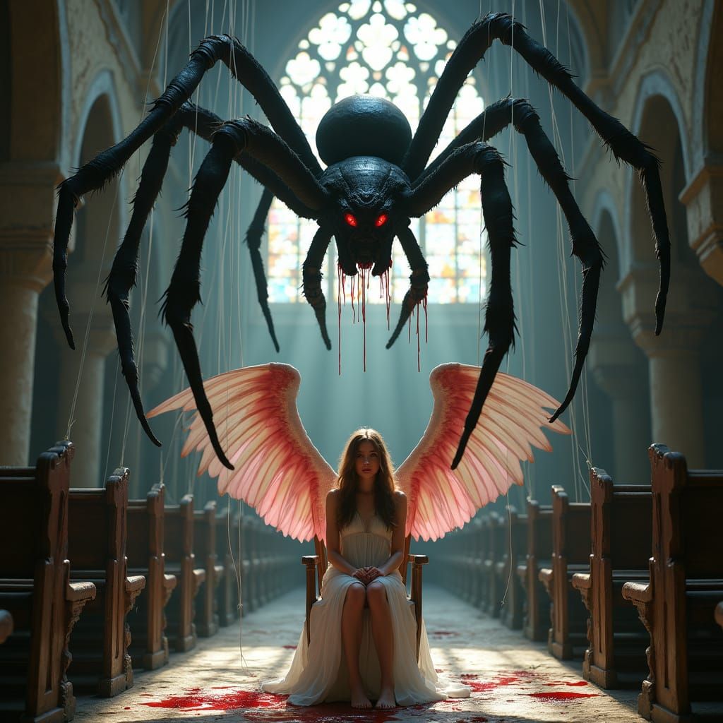 Create an abandoned cathedral scene, dimly lit, where the atmosphere is thick with an eerie silence. The main focus is a massive, spider sus...