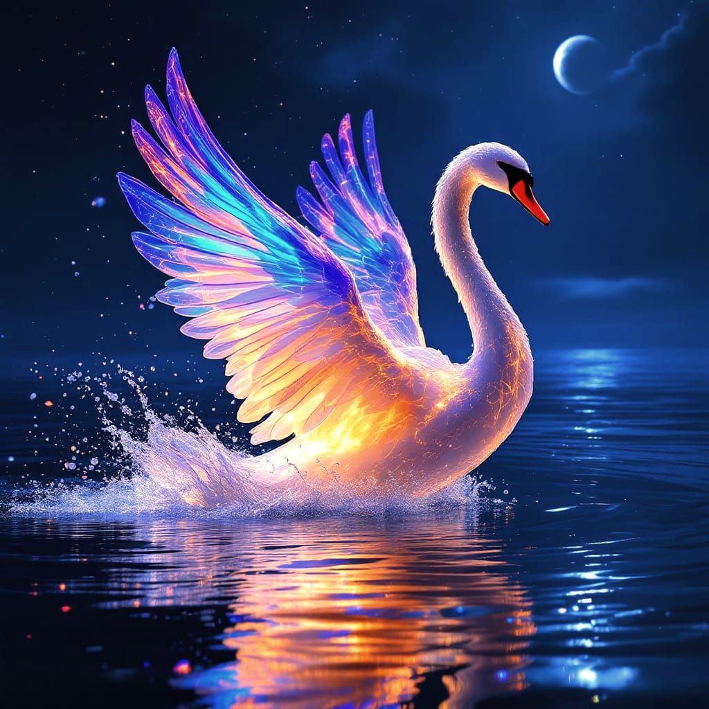 A majestic swan rising out of magical waters