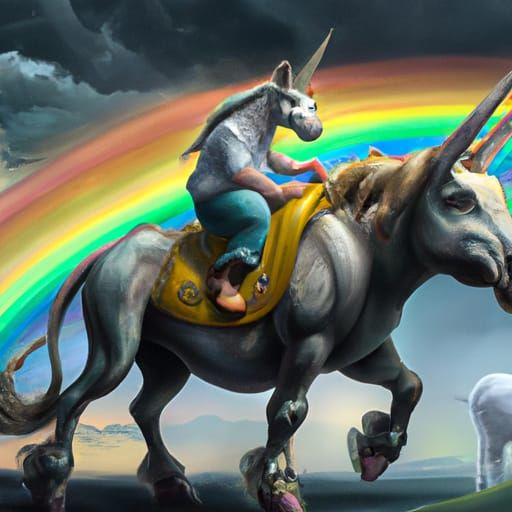 a donkey unicorn hybrid riding a rainbow, fantasy illustrati...