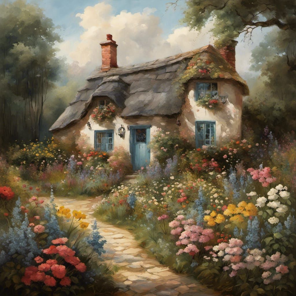 a small cottage with a flower garden, in the style of: - painterly ...