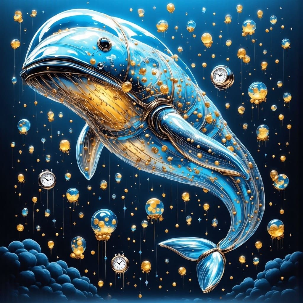 <lora:BRASSY BALLOONACY:1.0> Underwater view of a huge fantastical glowing transparent glass whale swimming in the ocean. Surrounded by glow...