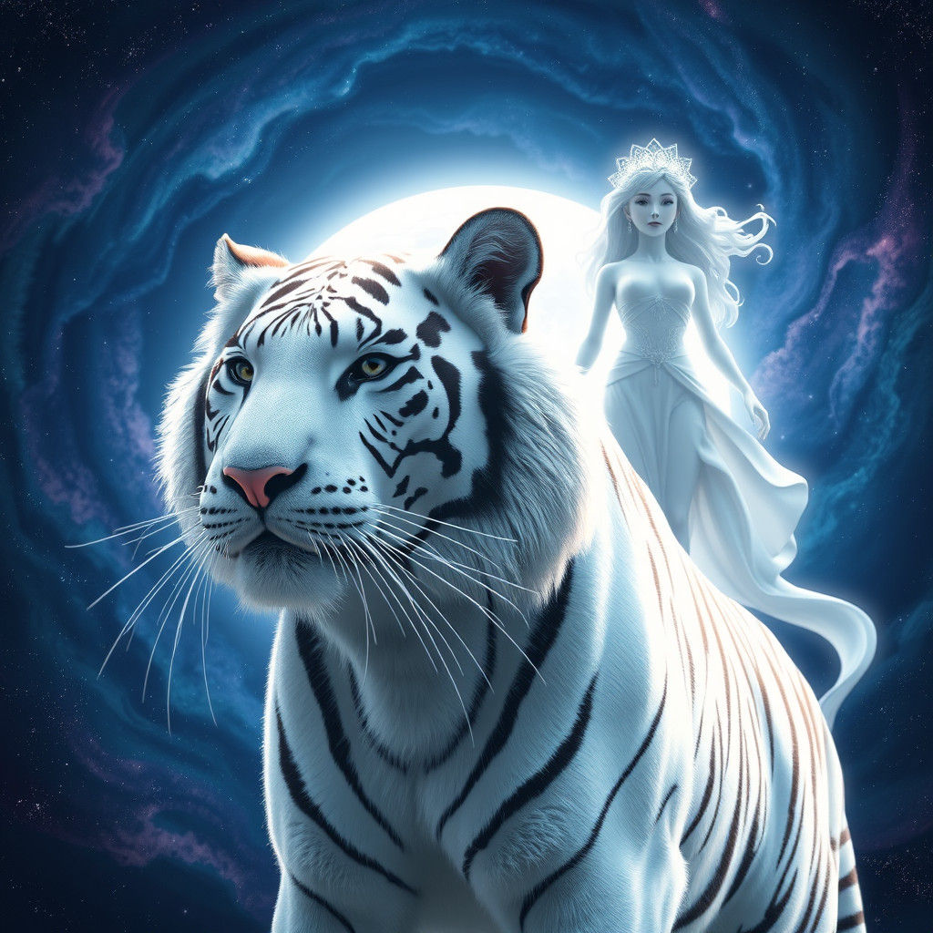 White tiger with selene in front of a cosmic background