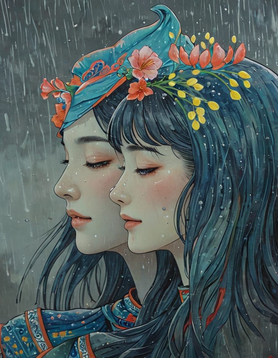 Girl Walking in Rain Watercolor Painting