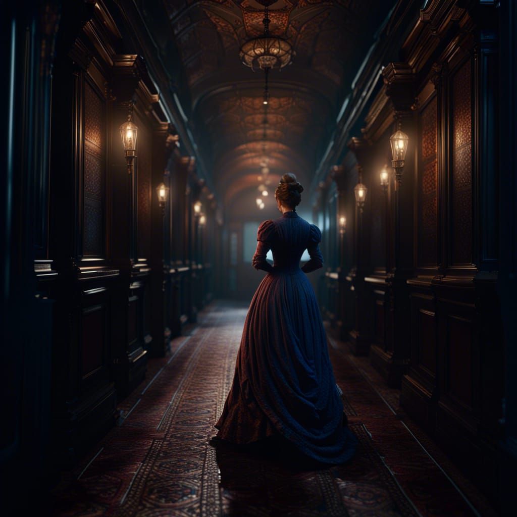 woman wearing Victorian dress navigating through dark hallwa...