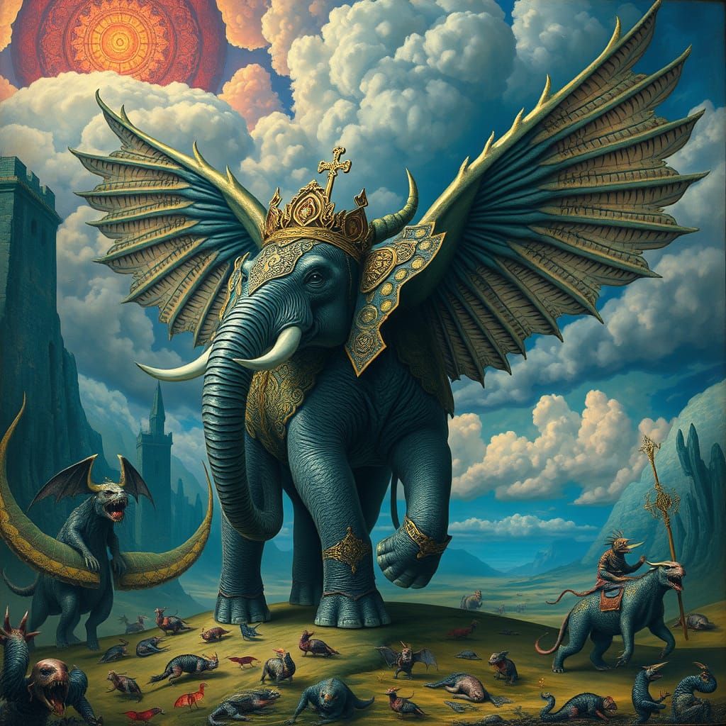 winged elephant in the style of Hieronymus Bosch, in a surreal painting  by @Curius Aplha