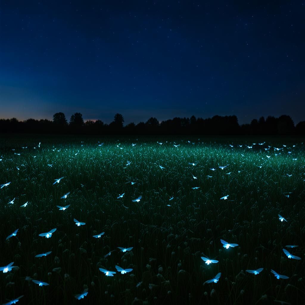 firflys at night in the middle of a field
